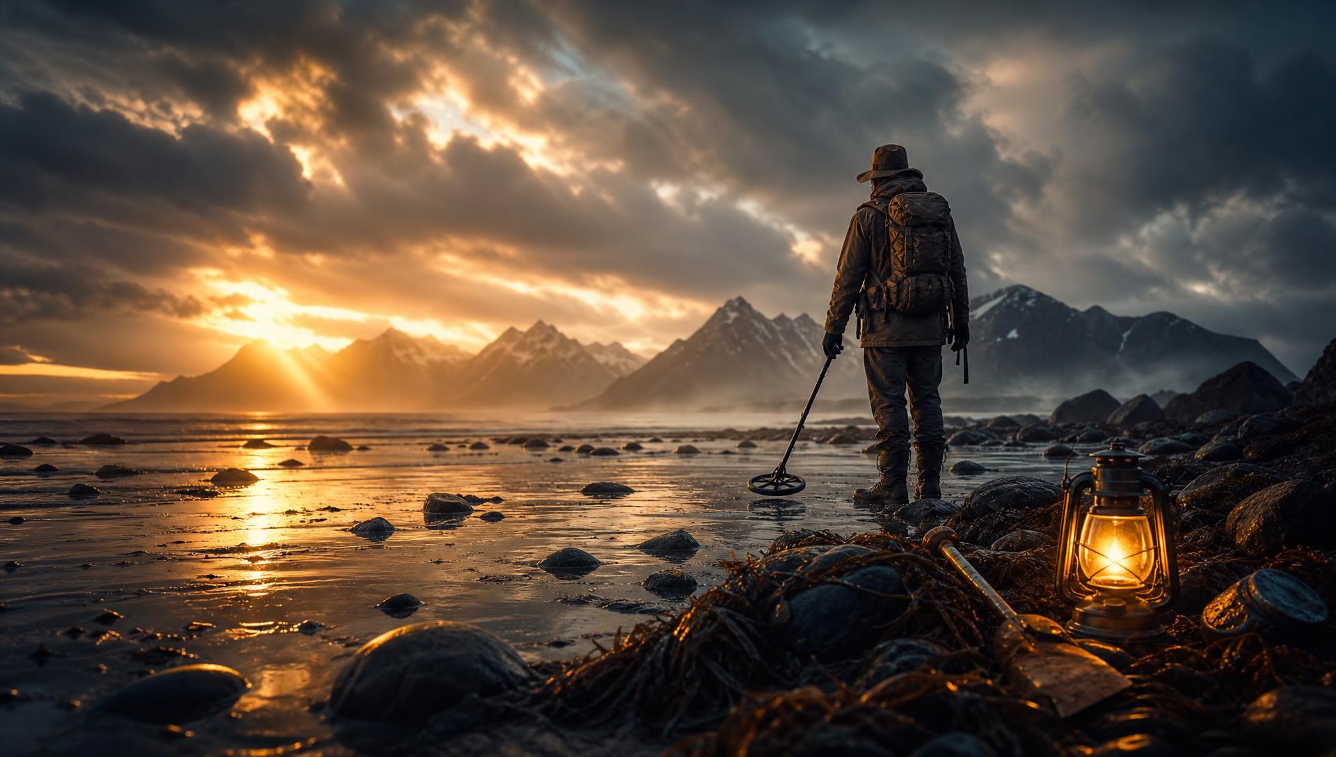 Explorer at dusk with metal detector and lantern